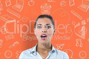 Surprised or confused woman on orange background surrounded by drawings