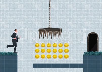 Businessman in Computer Game Level with coins and traps