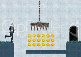 Businessman in Computer Game Level with coins and traps