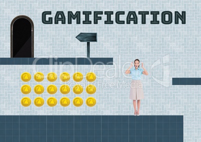 Gamification text and woman in Computer Game Level with coins