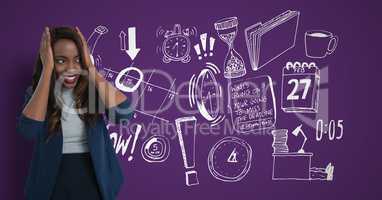 Confused woman holding her head looking right on purple background with drawings