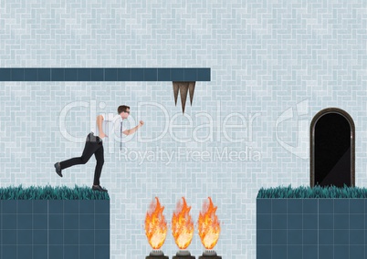 Businessman in Computer Game Level with fire and traps