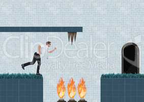 Businessman in Computer Game Level with fire and traps