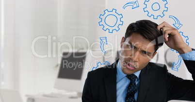 Confused man scratching his head and frowning surrounded by cogs
