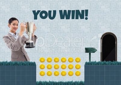 You Win text and woman holding trophy in Computer Game Level with coins