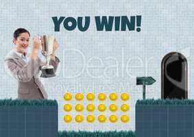 You Win text and woman holding trophy in Computer Game Level with coins