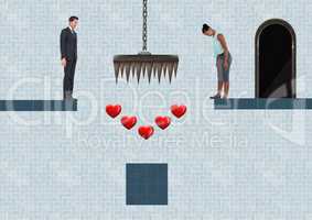 Business people in Computer Game Level with hearts and trap