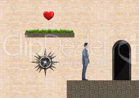 Businessman in Computer Game Level with heart and trap
