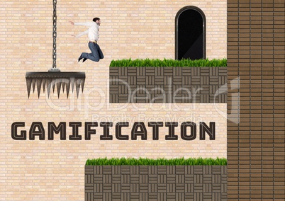 Gamification text and Man jumping in Computer Game Level and traps