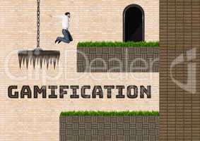 Gamification text and Man jumping in Computer Game Level and traps