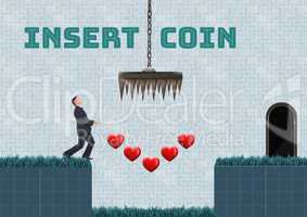 Insert coin text and Businessman in Computer Game Level with hearts and traps