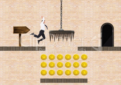 Businessman in Computer Game Level with coins and trap