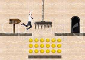 Businessman in Computer Game Level with coins and trap