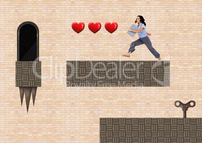 Businesswoman in Computer Game Level with hearts key and traps