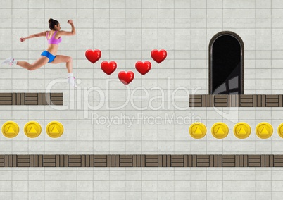 Athletic woman in Computer Game Level with hearts and coins