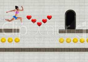 Athletic woman in Computer Game Level with hearts and coins