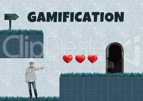 Gamification text and Man in Computer Game Level with hearts and trap