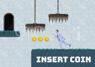 Insert coin text and Businessman in Computer Game Level with coins and traps