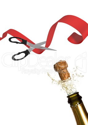 Scissors cutting ribbon with champagne