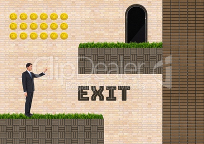 Exit text and man in Computer Game Level with coins and ladder