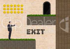 Exit text and man in Computer Game Level with coins and ladder