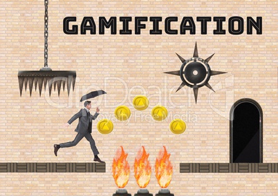 Gamification text and man in Computer Game Level with coins and traps