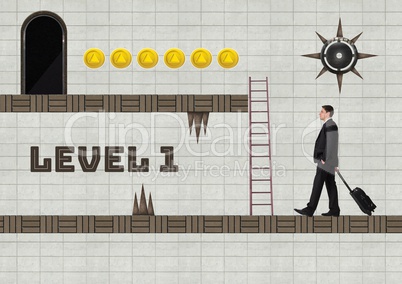 Level 1 text and Businessman in Computer Game Level with traps and coins Level 1 text and Businessman in Computer Game Level with traps and coins