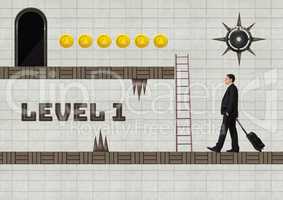 Level 1 text and Businessman in Computer Game Level with traps and coins