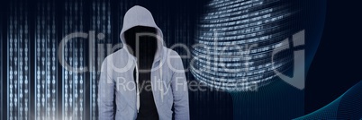 Anonymous hacker with computer code binary interface