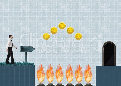 Businessman in Computer Game Level with coins and traps