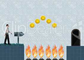 Businessman in Computer Game Level with coins and traps