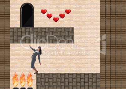 Businesswoman in Computer Game Level with hearts and ladder