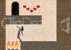 Businesswoman in Computer Game Level with hearts and ladder