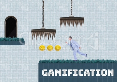 Gamification text and Businessman in Computer Game Level with coins and traps