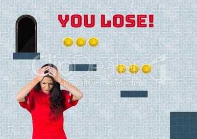 You Lose text and woman in Computer Game Level with coins