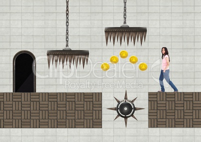 Woman in Computer Game Level with traps and coins