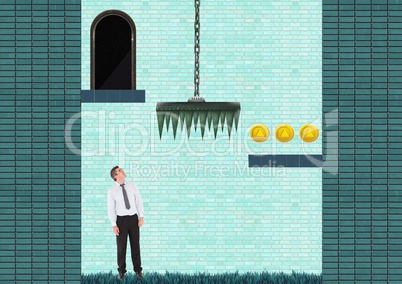 Businessman in Computer Game Level with coins and traps