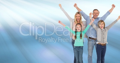 Family celebrating with joy with blue shining light streaks