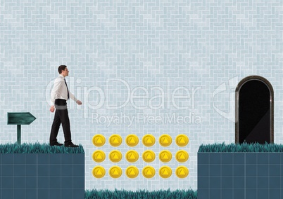 Businessman in Computer Game Level with coins