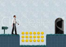 Businessman in Computer Game Level with coins