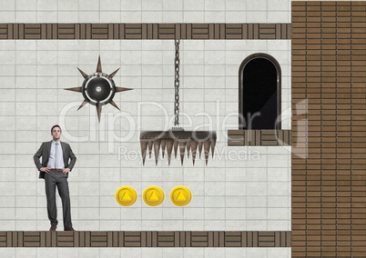 Businessman in Computer Game Level with traps and coins