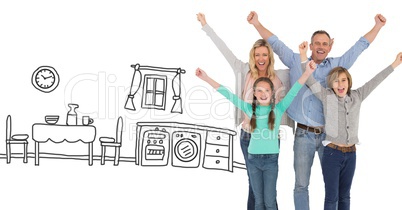 Family celebrating with joy with kitchen drawings