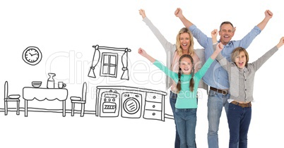 Family celebrating with joy with kitchen drawings Family celebrating with joy with kitchen drawings