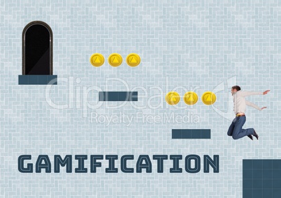 Gamification text and Man in Computer Game Level with coins
