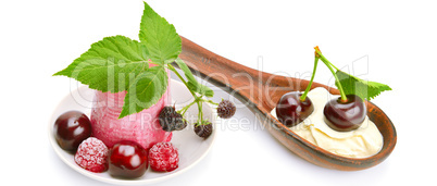Fruit ice cream and cherry isolated on white background. Wide ph