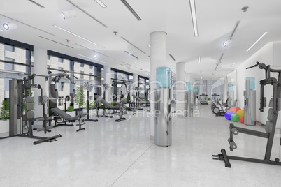 3d render of a fitness centre in a large, long building