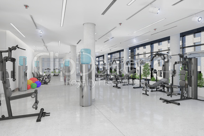 3d render of a fitness centre in a large, long building