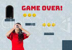 Game over text and woman in Computer Game Level with coins