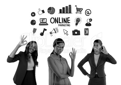 women smiling with ok signs, online marketing
