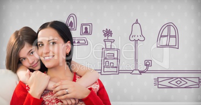 Mother and daughter hugging with home drawings